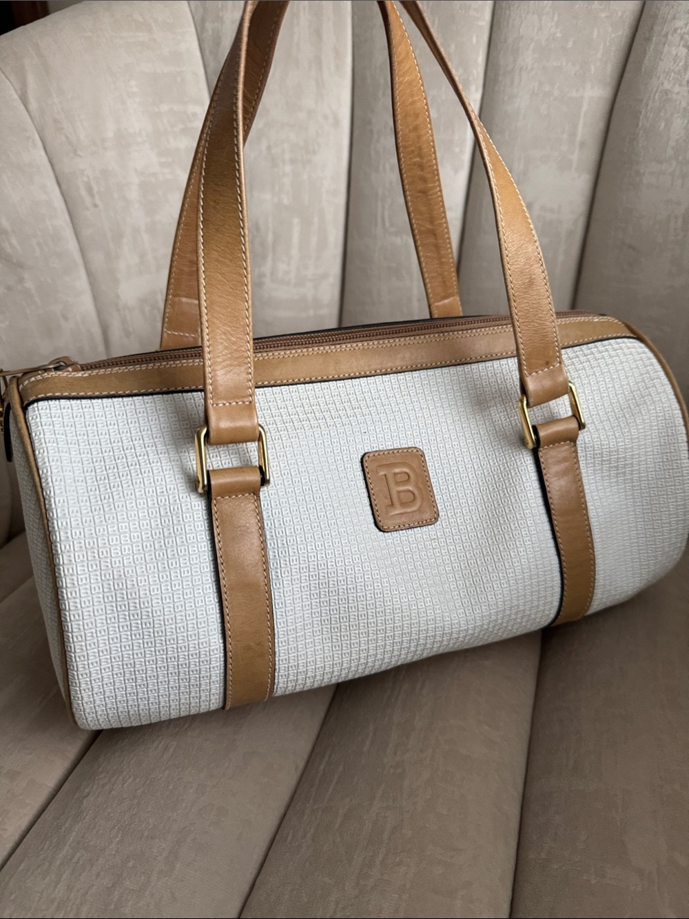 Mini Boston Barrel Bag – Cream/White & Tan Leather